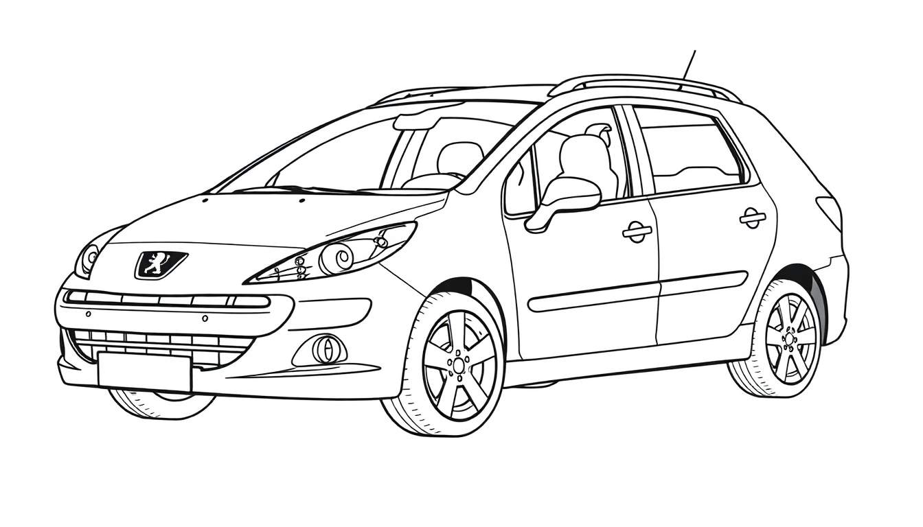 Kleurplaat van een Peugeot 207 stationwagon in profiel.