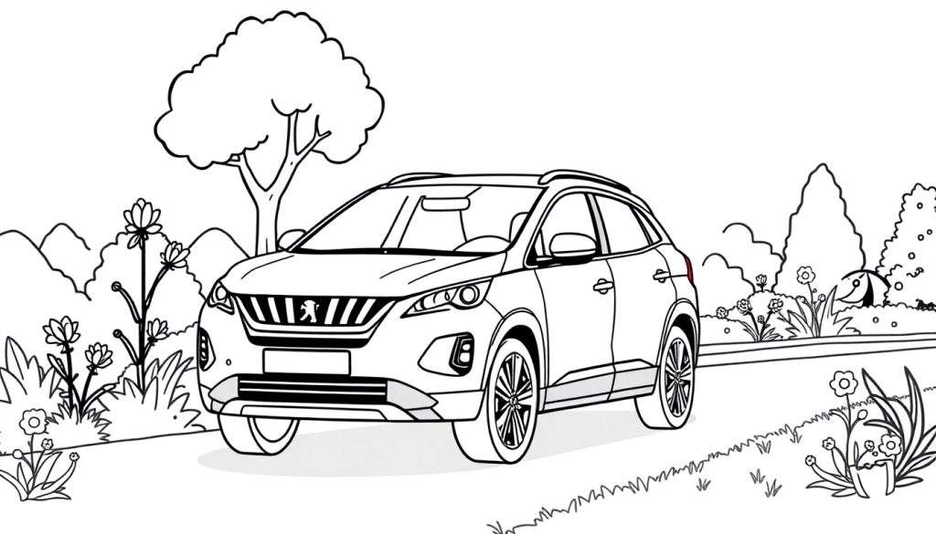 Kleurplaat van een cartoonachtige Peugeot 3008 op een landweg.