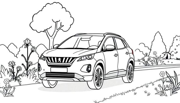 Kleurplaat van een cartoonachtige Peugeot 3008 op een landweg.