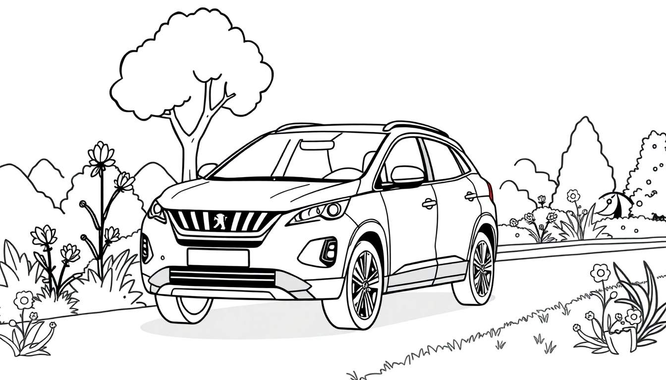 Kleurplaat van een cartoonachtige Peugeot 3008 op een landweg.