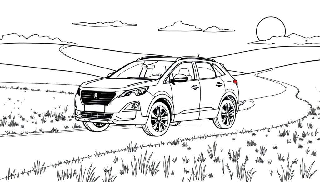 Kleurplaat van een Peugeot 3008 SUV op een kronkelende landweg.