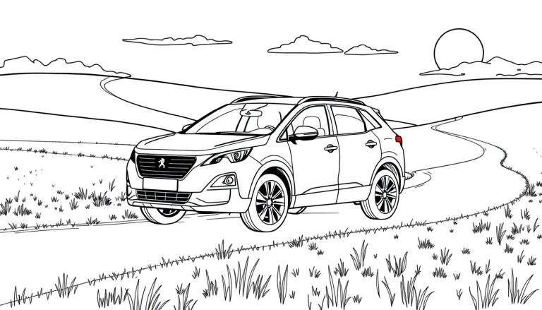 Kleurplaat van een Peugeot 3008 SUV op een kronkelende landweg.