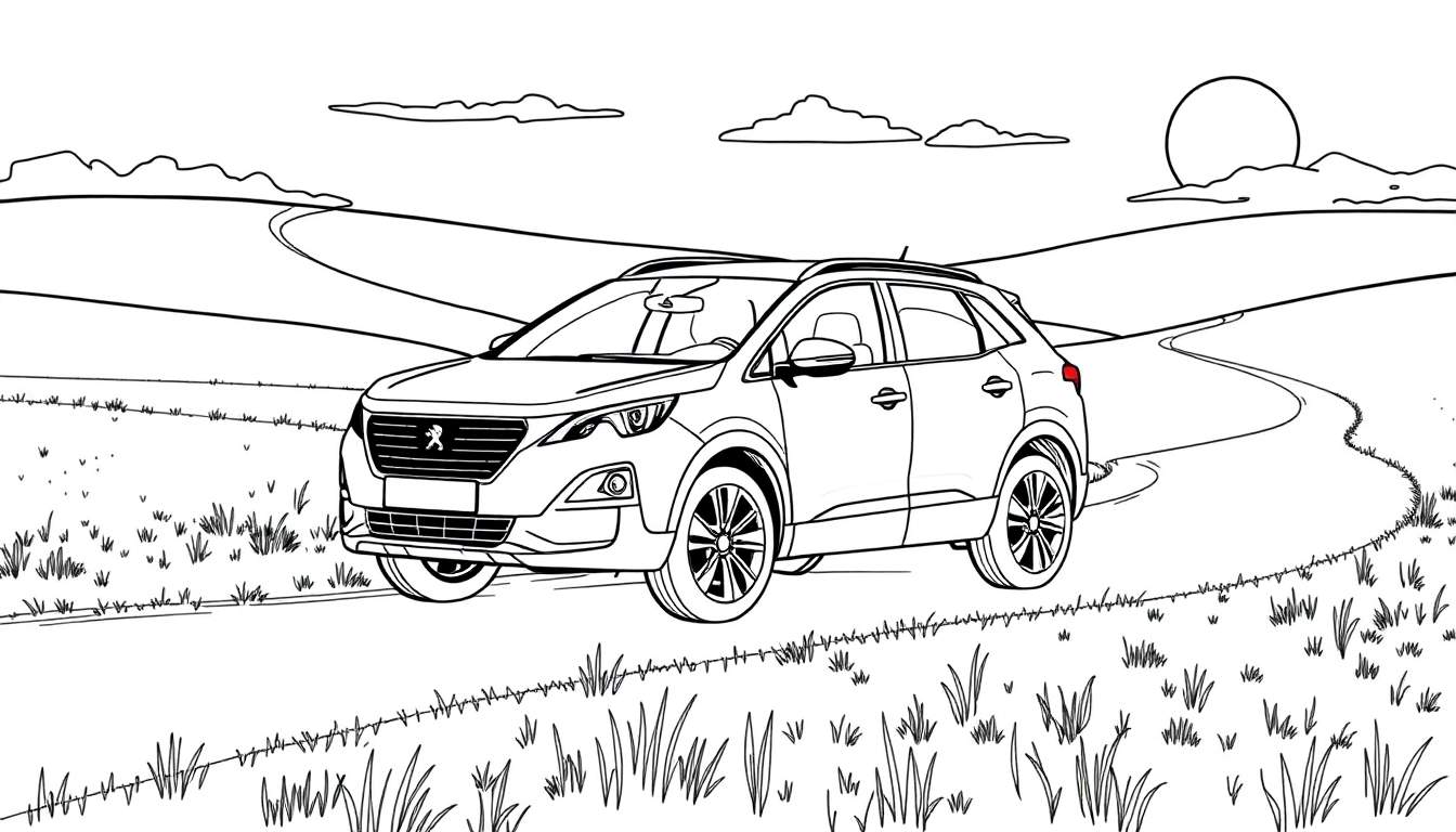 Kleurplaat van een Peugeot 3008 SUV op een kronkelende landweg.