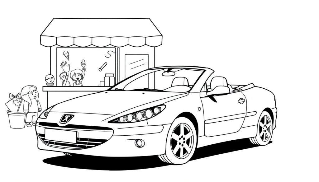 Zwart-witte kleurplaat van een Peugeot 307 Cabriolet met een ijsverkoper en kinderen.