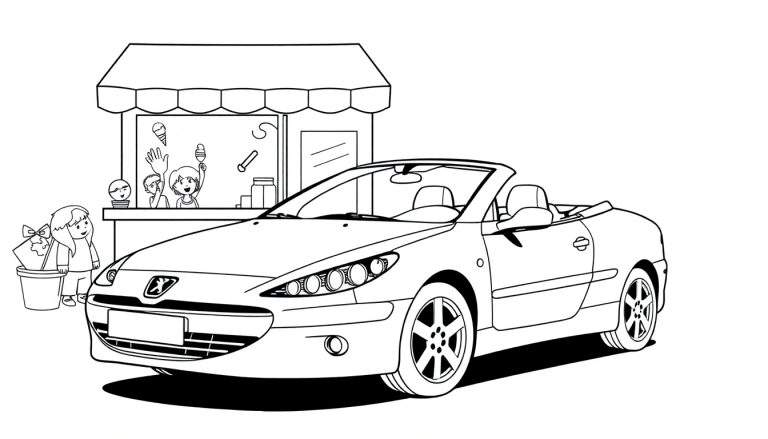 Zwart-witte kleurplaat van een Peugeot 307 Cabriolet met een ijsverkoper en kinderen.