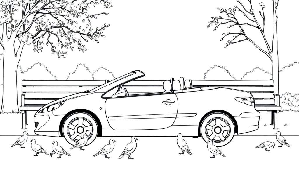 Kleurplaat van een Peugeot 307 Cabriolet in een park.