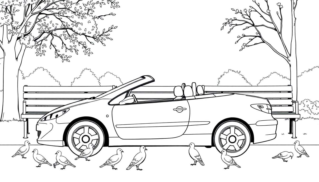 Kleurplaat van een Peugeot 307 Cabriolet in een park.