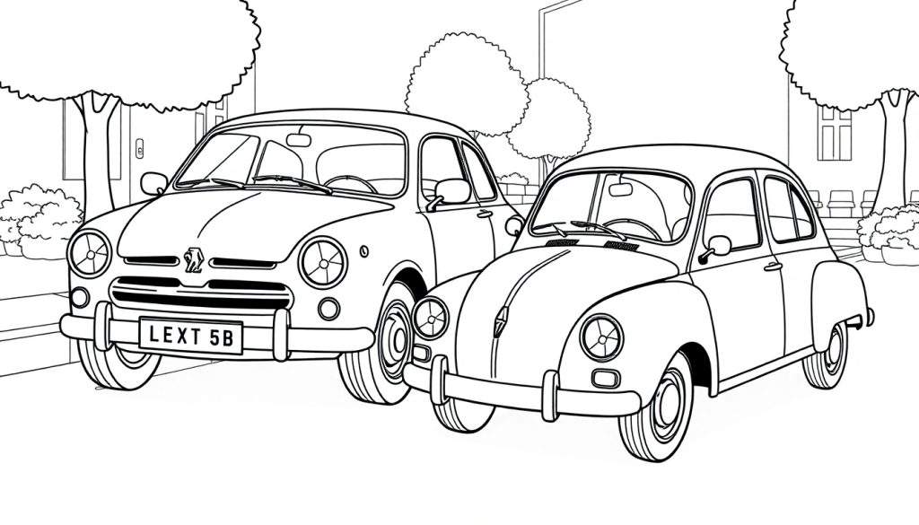 Zwart-wit kleurplaat van twee vintage auto's, een Peugeot en een Renault.