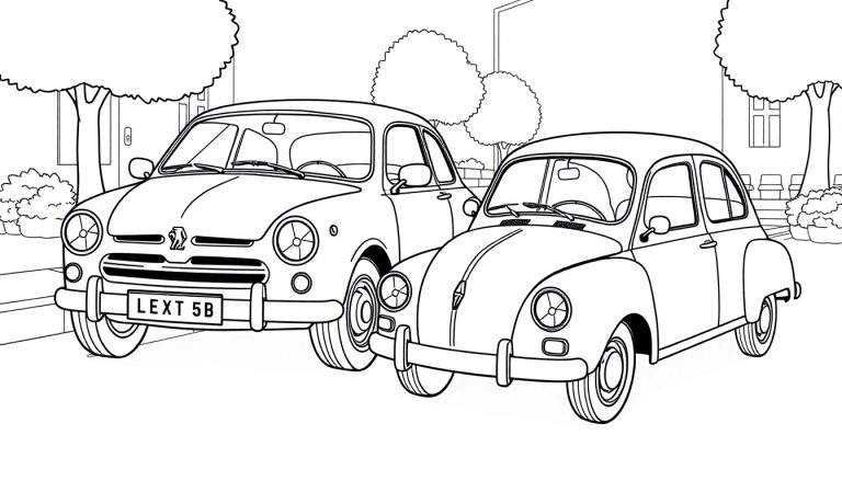 Zwart-wit kleurplaat van twee vintage auto's, een Peugeot en een Renault.