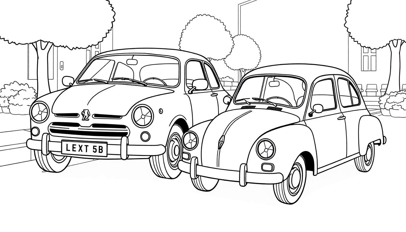 Zwart-wit kleurplaat van twee vintage auto's, een Peugeot en een Renault.