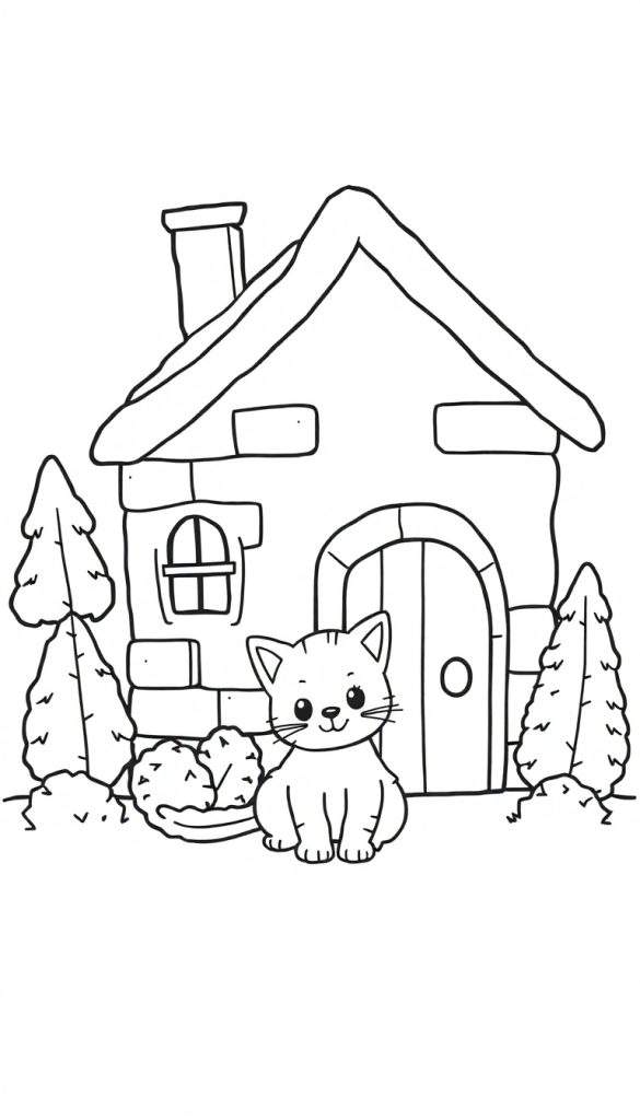 Een zwart-wit kleurplaat van een schattige kat voor een huisje met bomen.
