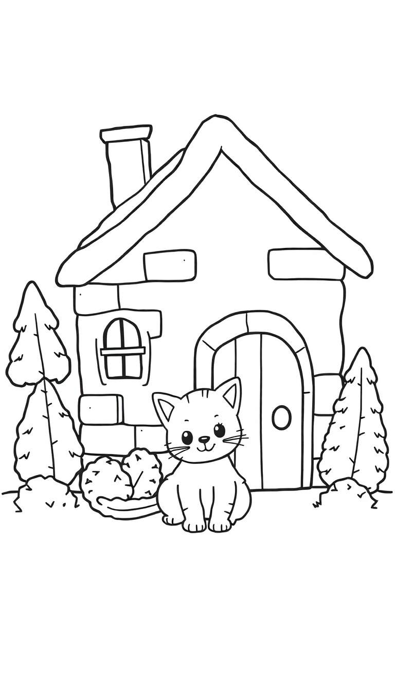 Een zwart-wit kleurplaat van een schattige kat voor een huisje met bomen.