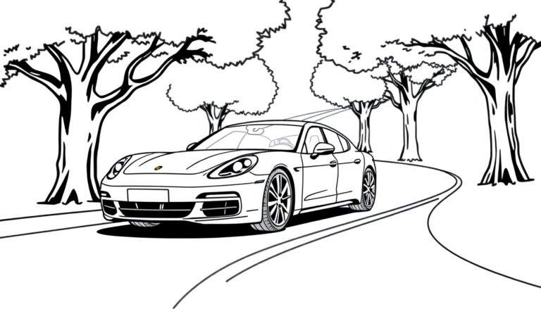 Zwart-witte kleurplaat van een Porsche Panamera op een weg met kale bomen.