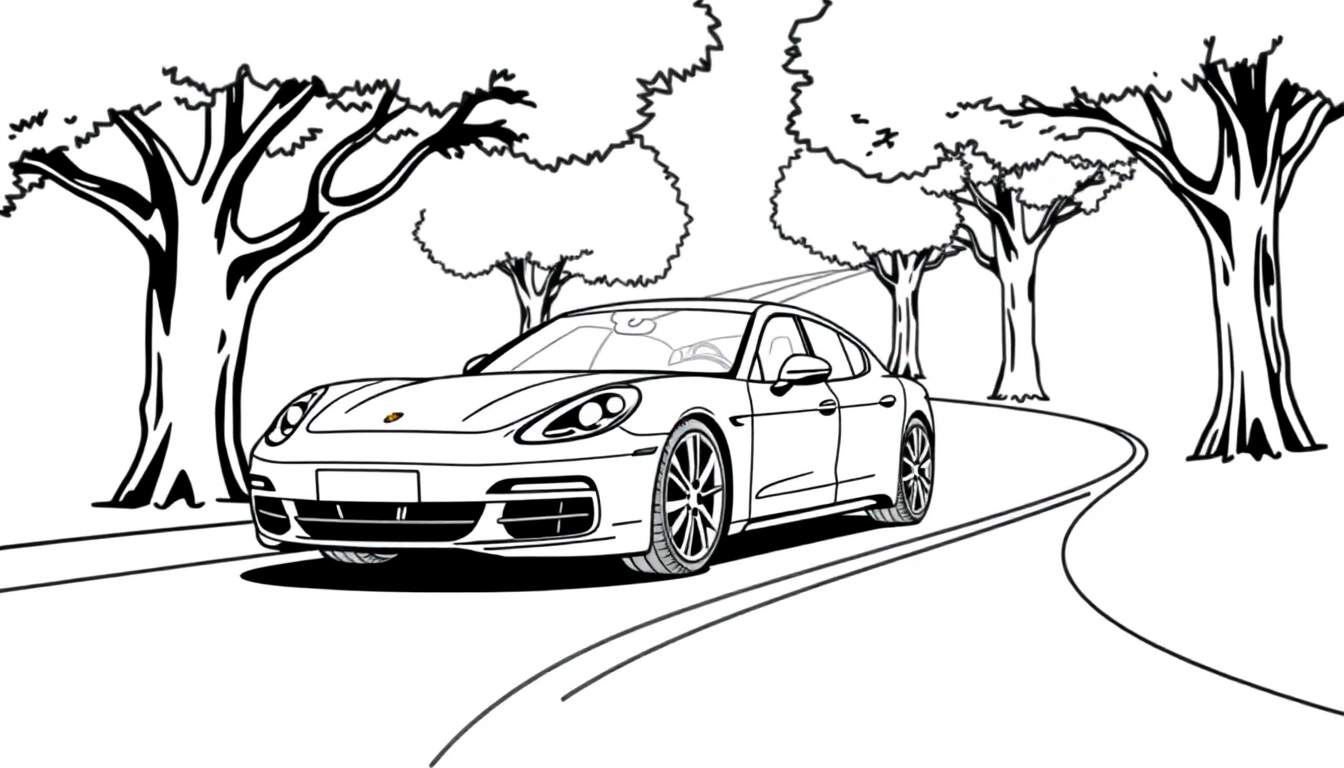 Zwart-witte kleurplaat van een Porsche Panamera op een weg met kale bomen.