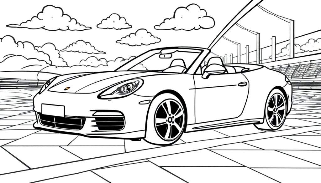 Kleurplaat van een Porsche Panamera Turbo Cabriolet met een stadion op de achtergrond.