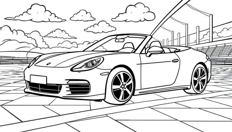 Kleurplaat van een Porsche Panamera Turbo Cabriolet met een stadion op de achtergrond.