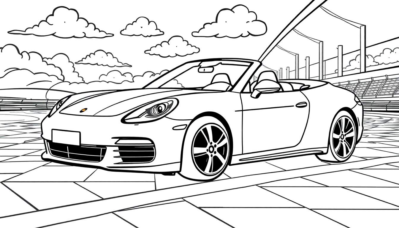 Kleurplaat van een Porsche Panamera Turbo Cabriolet met een stadion op de achtergrond.