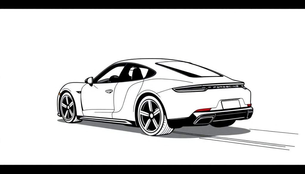 Kleurplaat van een witte Porsche Taycan van achteren gezien.