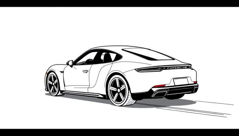 Kleurplaat van een witte Porsche Taycan van achteren gezien.