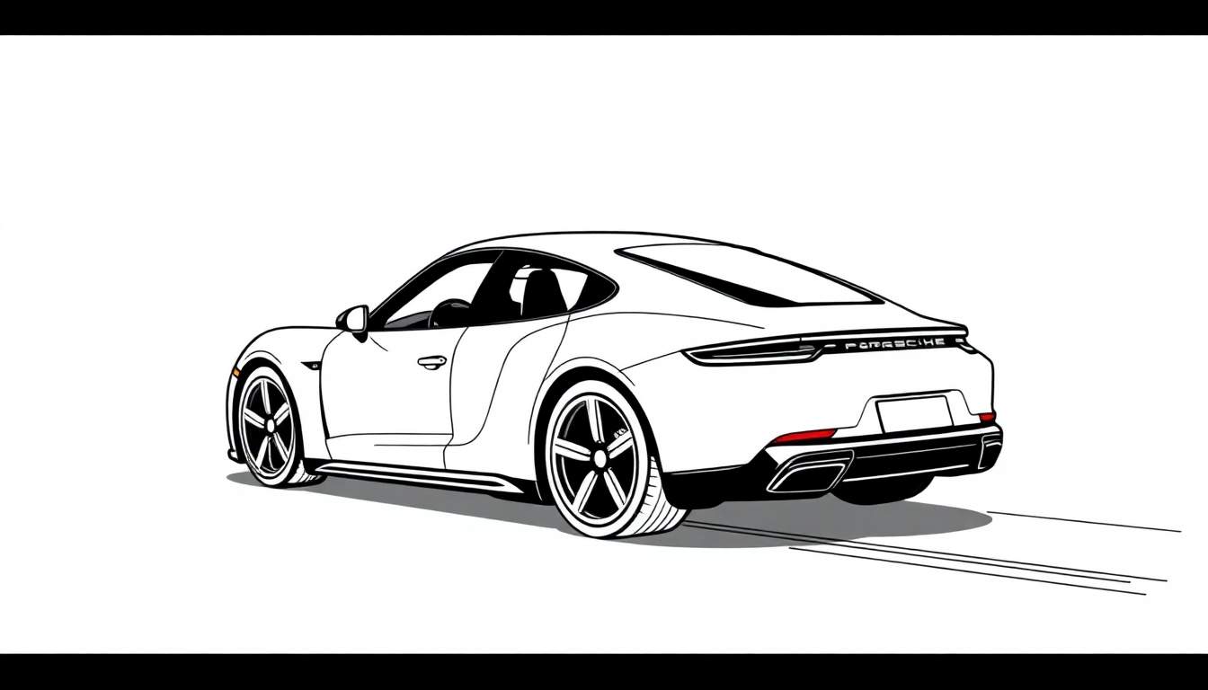 Kleurplaat van een witte Porsche Taycan van achteren gezien.