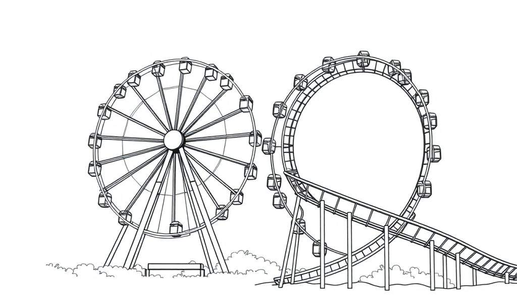 Een zwart-wit kleurplaat van een pretpark met twee reuzenraden en een achtbaan, met struiken bij de basis van de attracties.