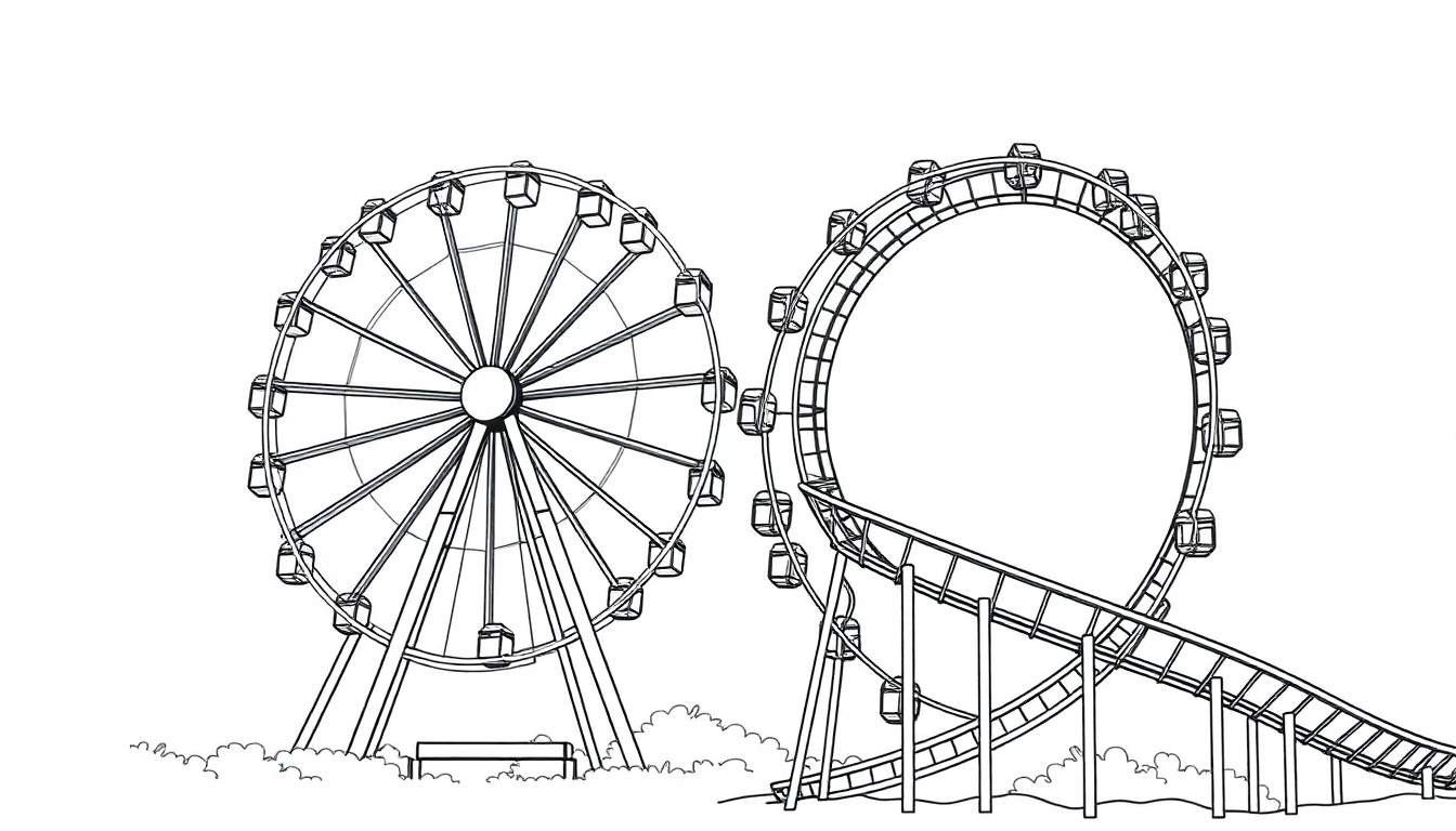 Een zwart-wit kleurplaat van een pretpark met twee reuzenraden en een achtbaan, met struiken bij de basis van de attracties.