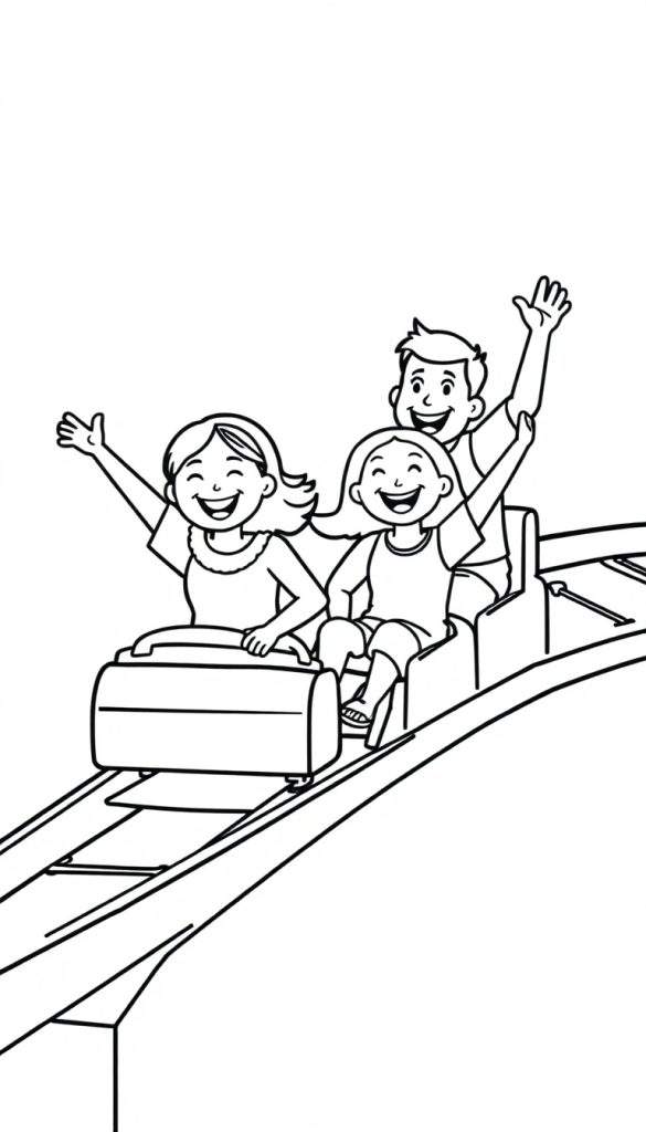 Kleurplaat van een lachende familie in een achtbaan, met armen in de lucht.