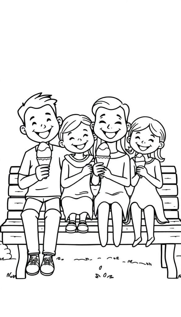 Kleurplaat van een lachende familie die ijsjes eet op een bank tijdens een pretparkuitje.
