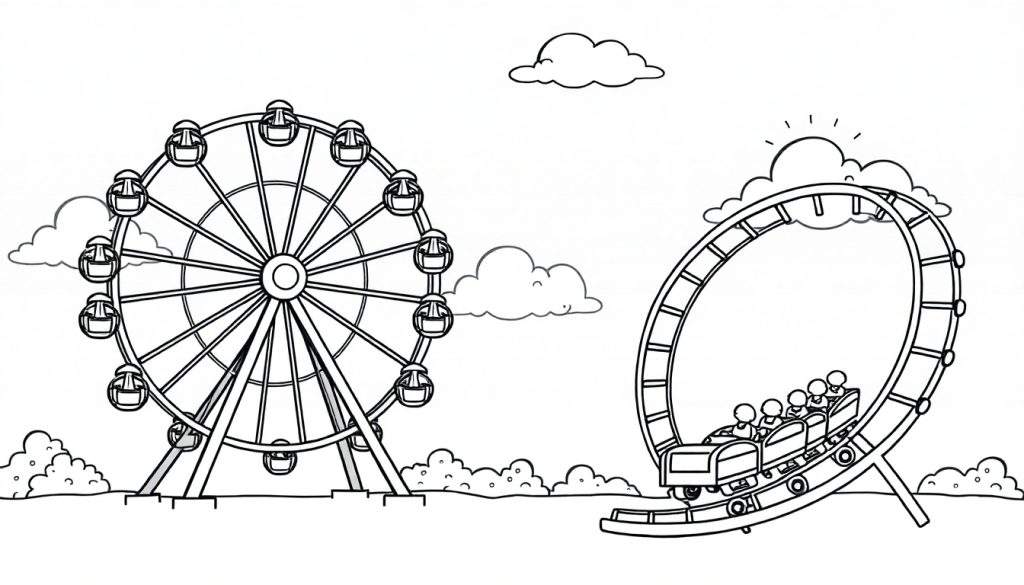 Zwart-wit kleurplaat van een pretpark met een reuzenrad en achtbaan.