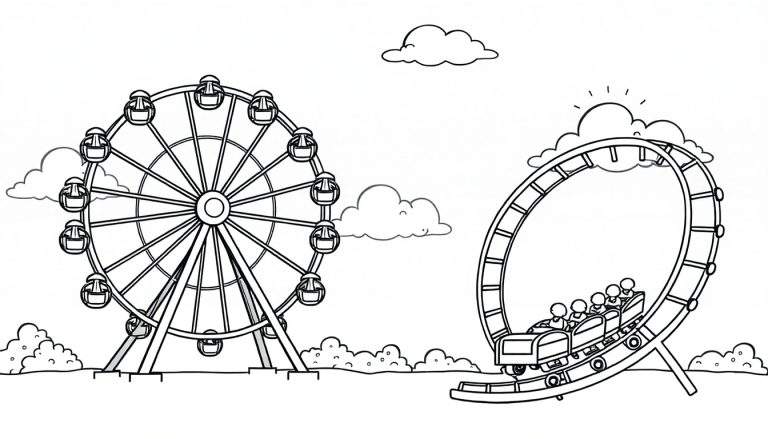 Zwart-wit kleurplaat van een pretpark met een reuzenrad en achtbaan.