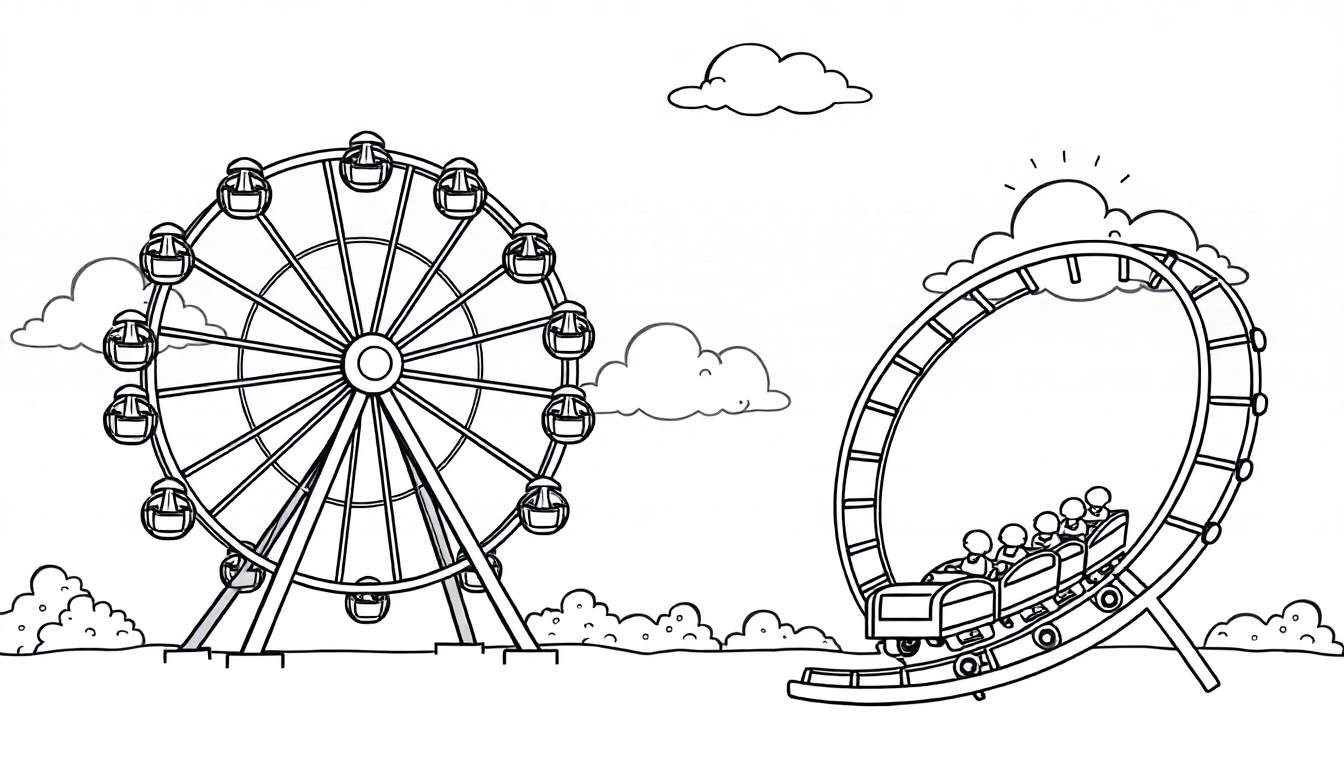 Zwart-wit kleurplaat van een pretpark met een reuzenrad en achtbaan.