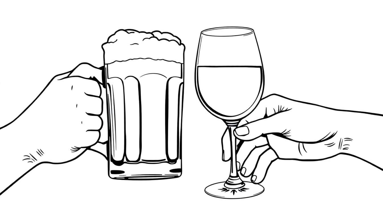 Kleurplaat van handen die proosten met een bierglas en een wijnglas.