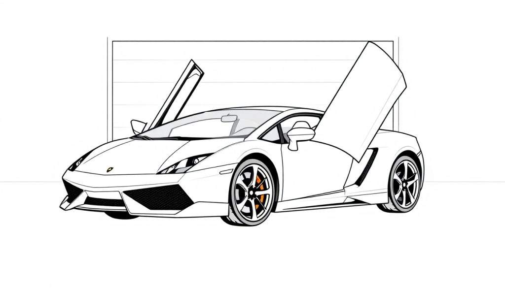 Kleurplaat van een gestileerde Lamborghini Gallardo met open deuren.