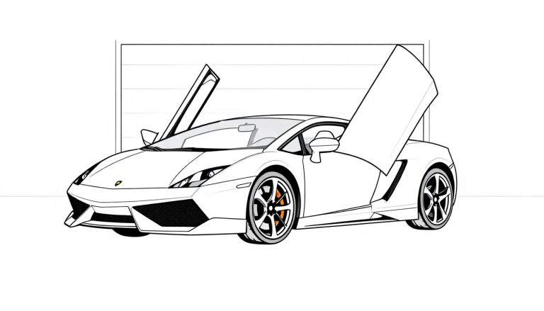 Kleurplaat van een gestileerde Lamborghini Gallardo met open deuren.