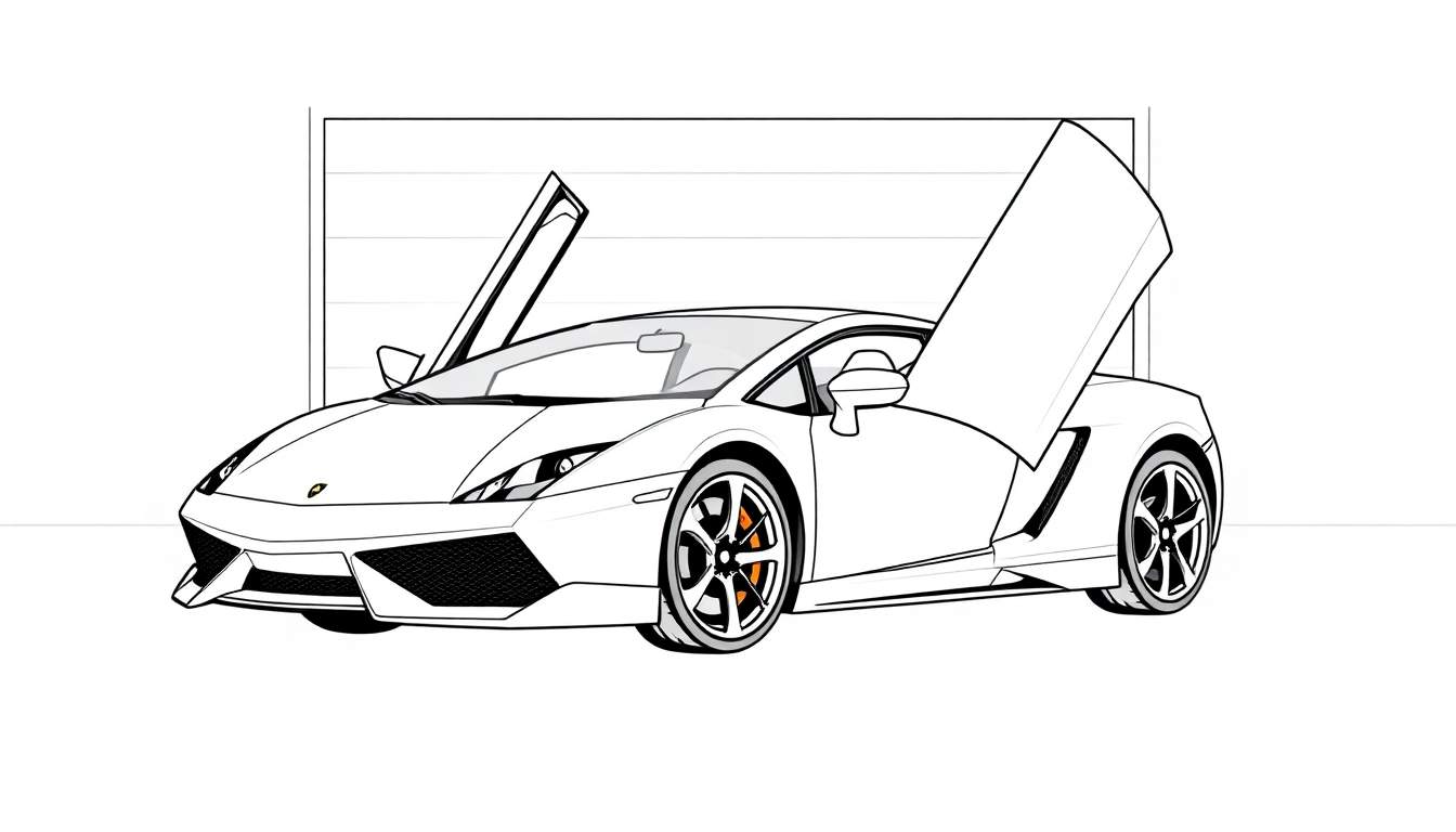 Kleurplaat van een gestileerde Lamborghini Gallardo met open deuren.