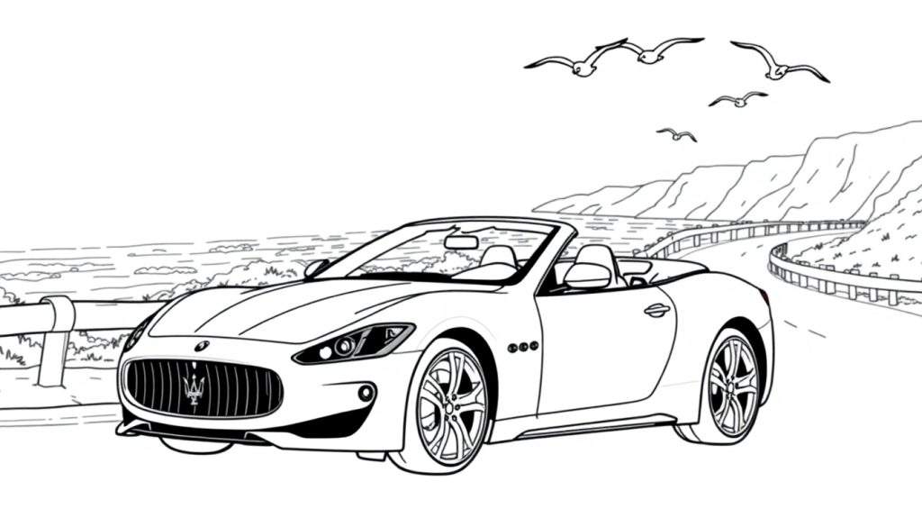 Kleurplaat van een witte Maserati cabriolet op een kustweg.