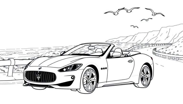 Kleurplaat van een witte Maserati cabriolet op een kustweg.