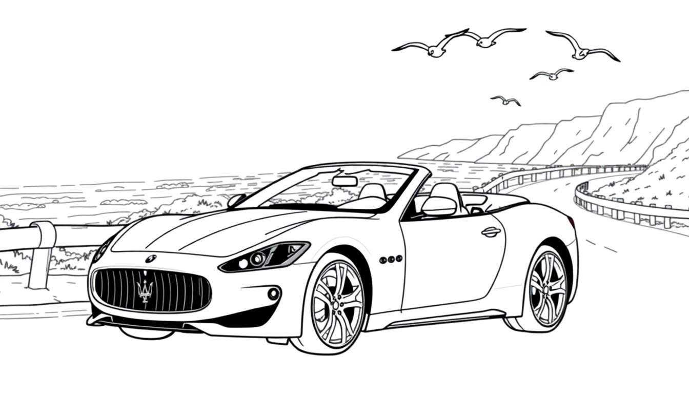 Kleurplaat van een witte Maserati cabriolet op een kustweg.