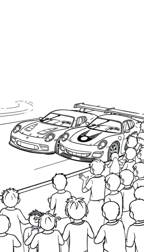 Kleurplaat van stoere raceauto's en juichende kinderen.