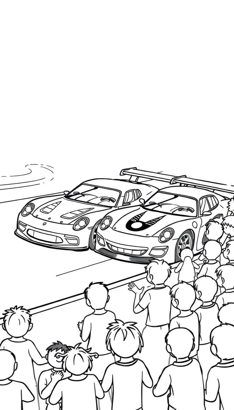 Kleurplaat van stoere raceauto's en juichende kinderen.