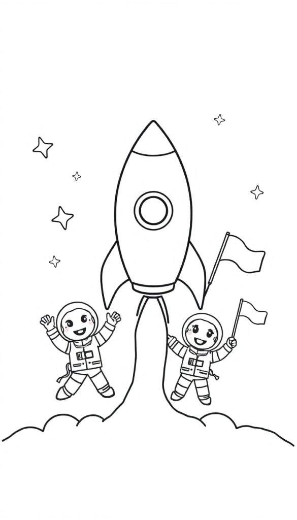 Kleurplaat van een lachende raket met twee astronauten die zwaaien, opstijgend met een vlag.