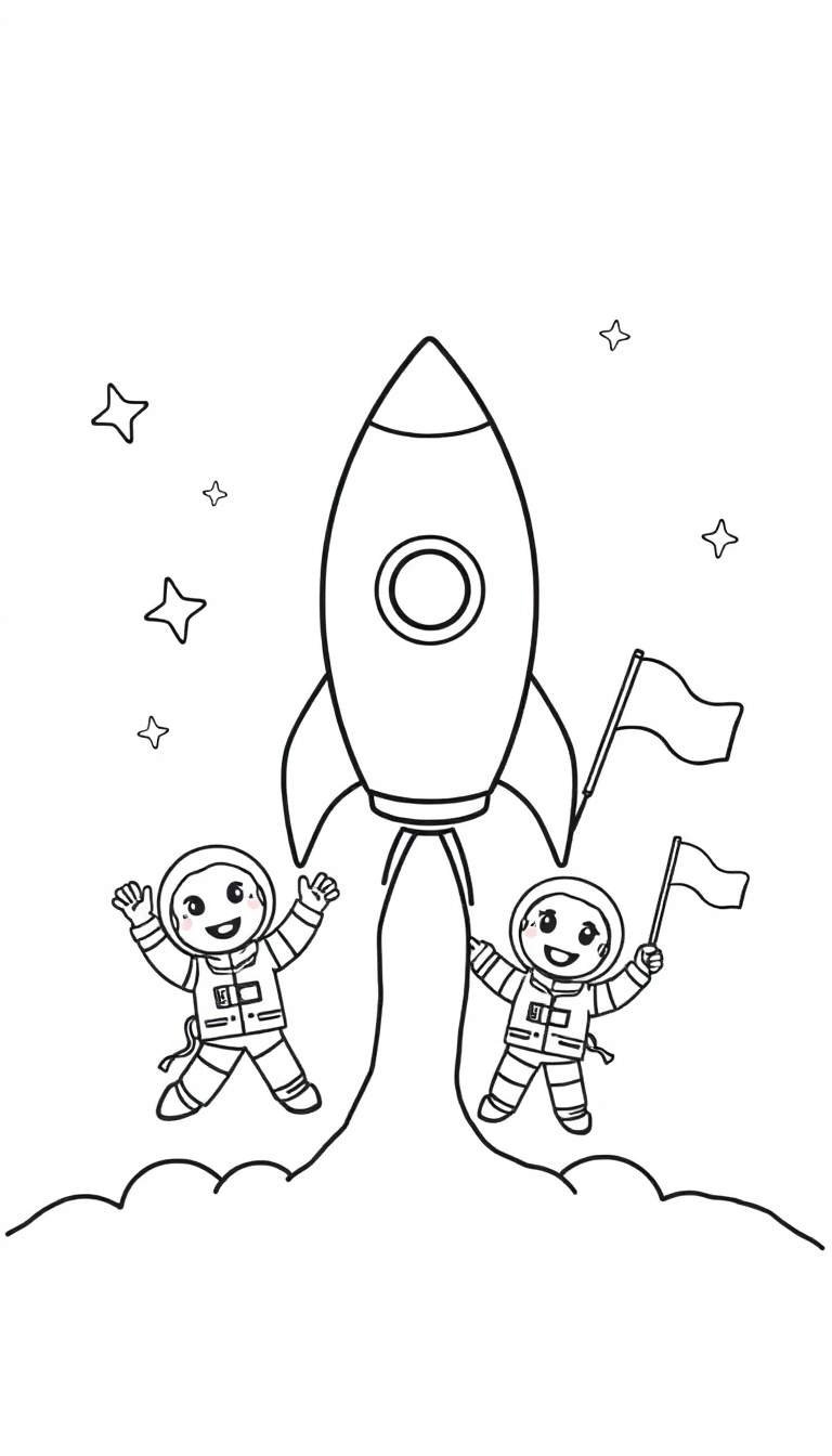 Kleurplaat van een lachende raket met twee astronauten die zwaaien, opstijgend met een vlag.