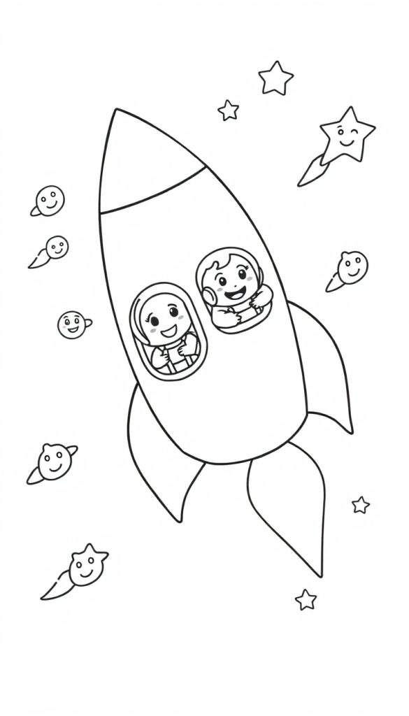 Kleurplaat van een raket met astronauten die zwaaien in de ruimte, omringd door sterren en planeten met gezichten.