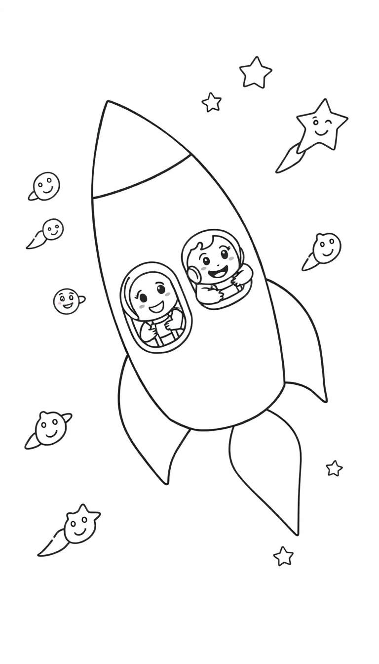 Kleurplaat van een raket met astronauten die zwaaien in de ruimte, omringd door sterren en planeten met gezichten.