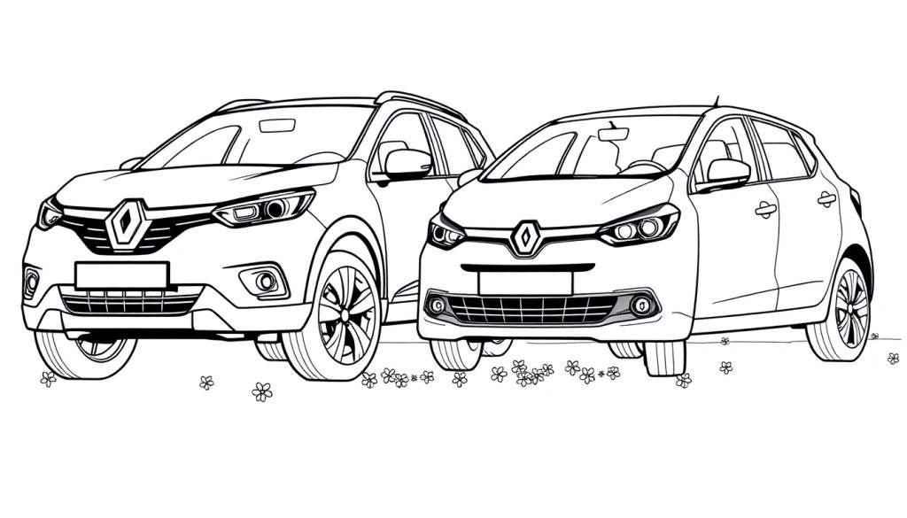 Zwart-wit tekening van een Renault SUV en een Renault hatchback met bloemen, als een kleurplaat.