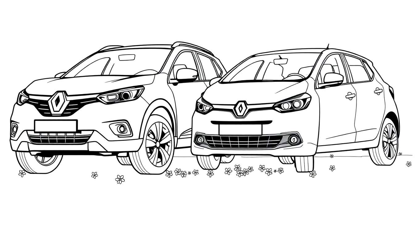 Zwart-wit tekening van een Renault SUV en een Renault hatchback met bloemen, als een kleurplaat.