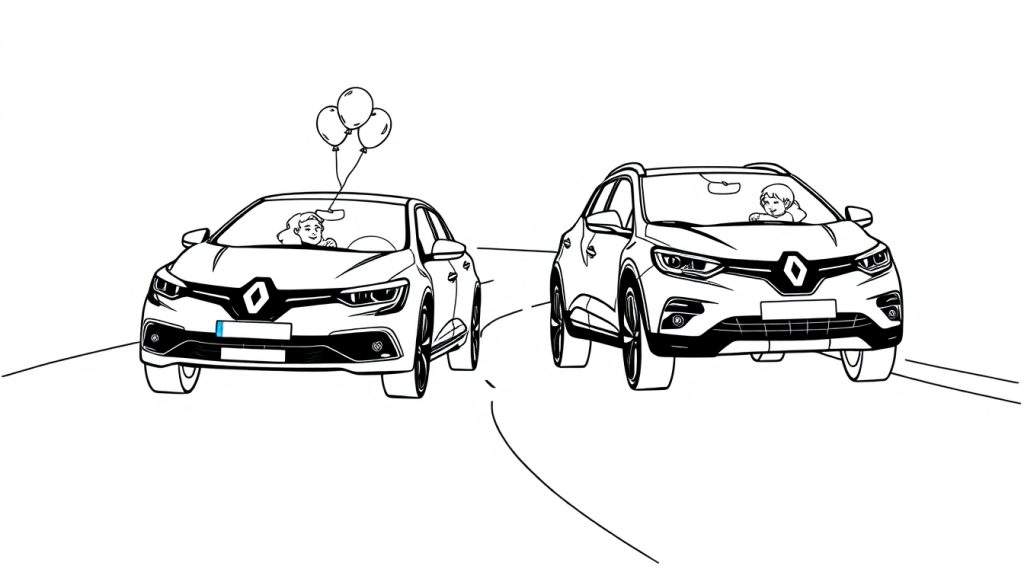 Kleurplaat van twee Renault auto's in een landschap, met ballonnen op de linker auto.