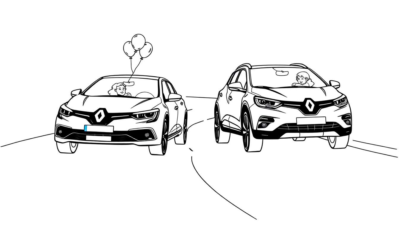 Kleurplaat van twee Renault auto's in een landschap, met ballonnen op de linker auto.