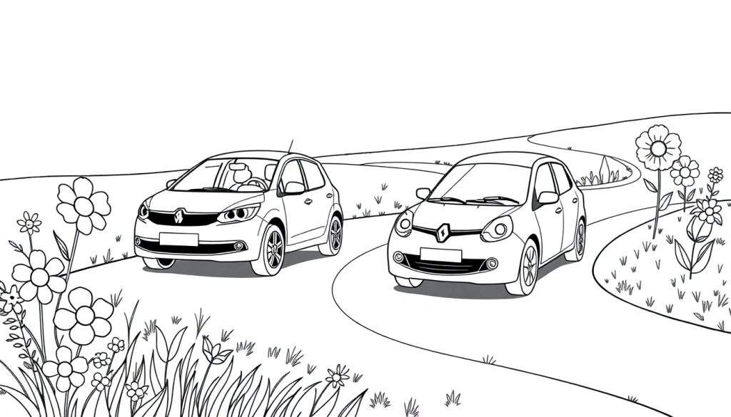 Kleurplaat van twee Renault auto's op een bochtige weg met bloemen.