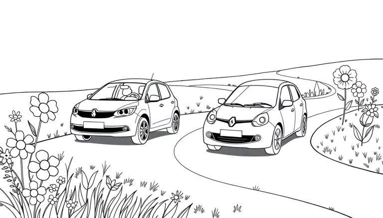 Kleurplaat van twee Renault auto's op een bochtige weg met bloemen.